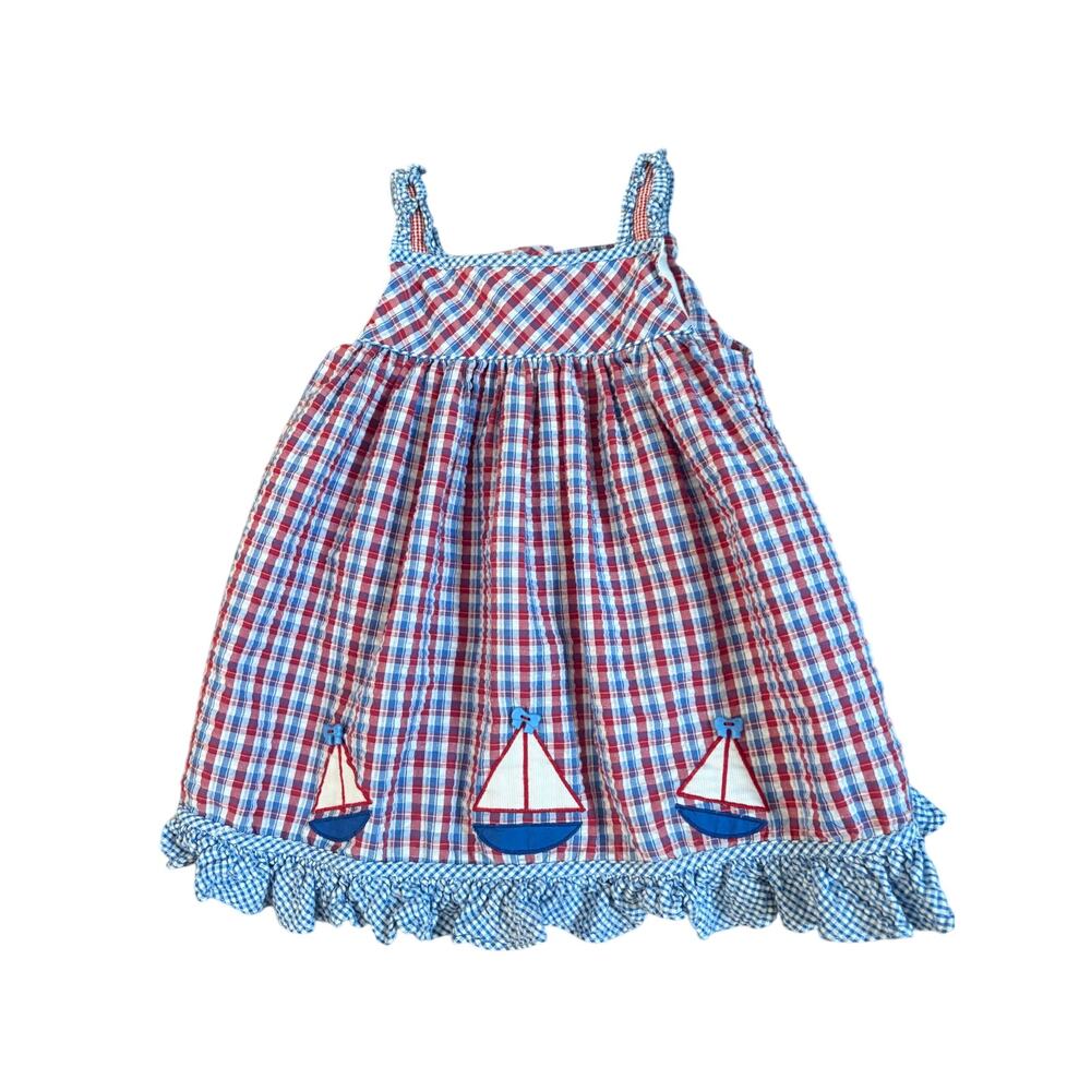 Petit Pomme Baby Girls 18mos Red and Blue Gingham Sailboat Appliqué Dress EUC